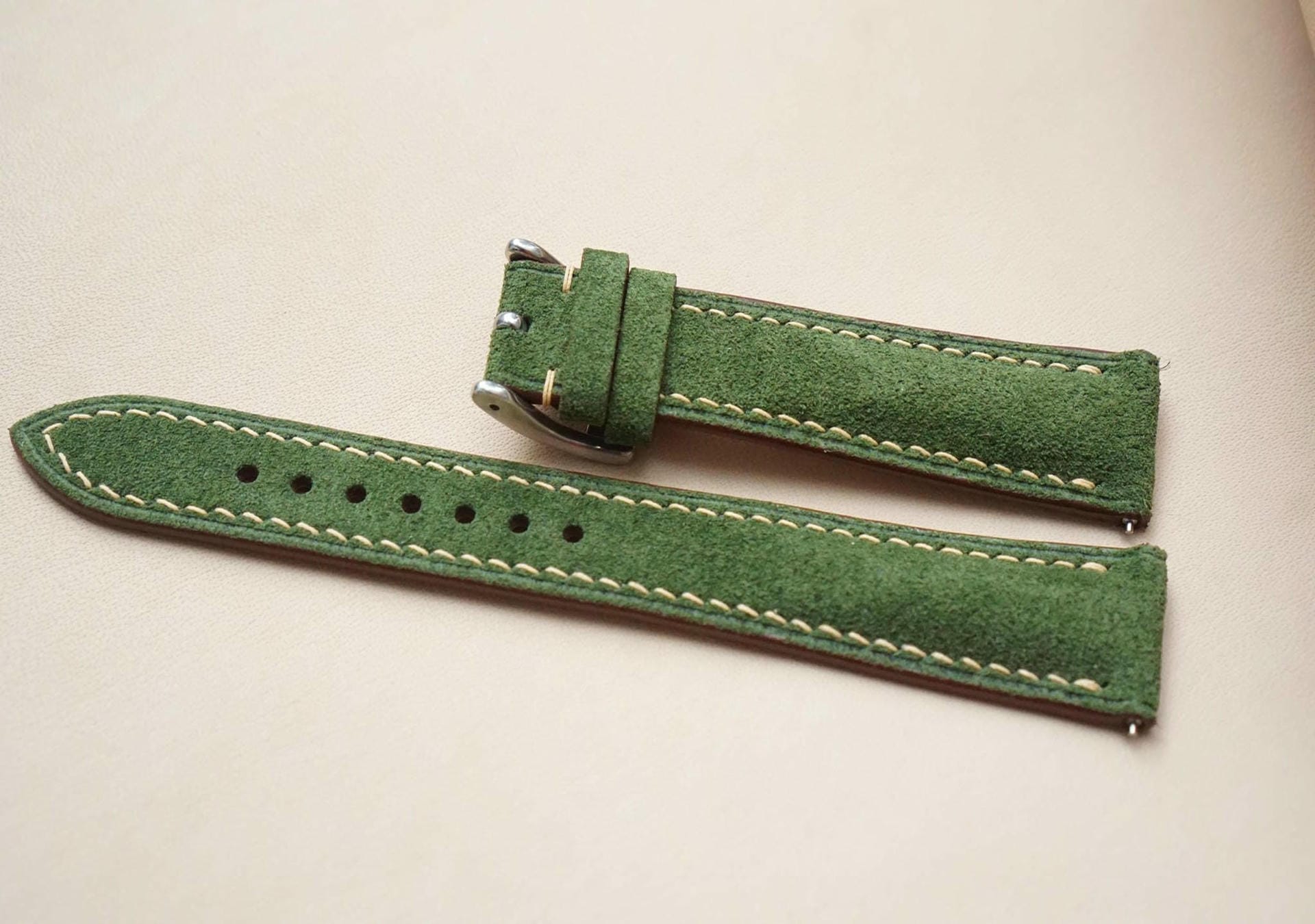 Dây đồng hồ Handmade da lộn Ý Nhập khẩu màu xanh lá DL001