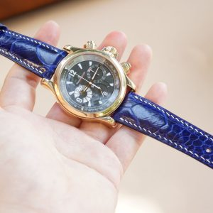 Dây đồng hồ Handmade da đà điểu Khatoco vảy chéo xanh navy sáng, chỉ trắng ADDM2K1989