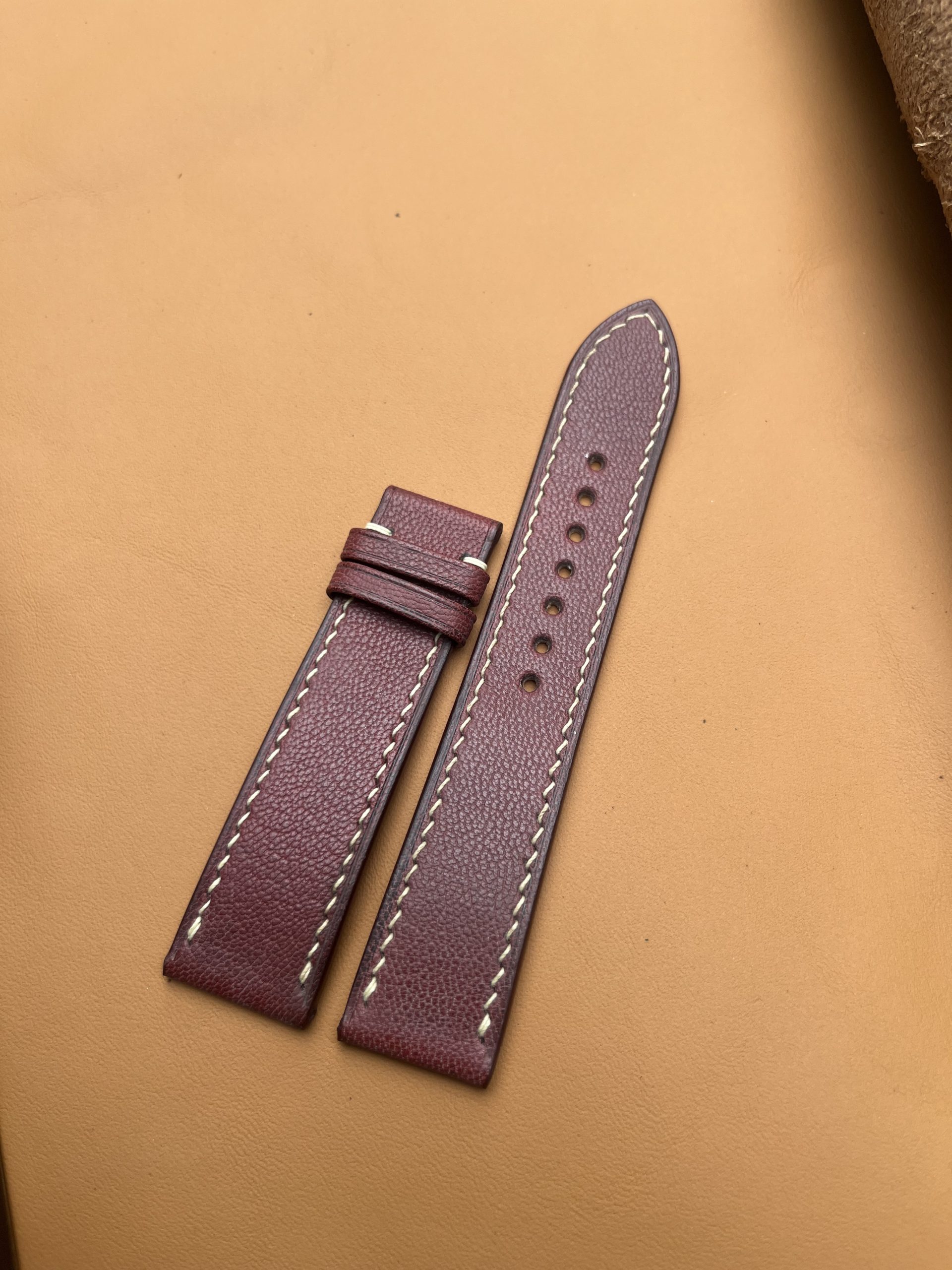 Dây đồng hồ Handmade da Dê Alran màu đỏ mận nhập khẩu cao cấp AL004